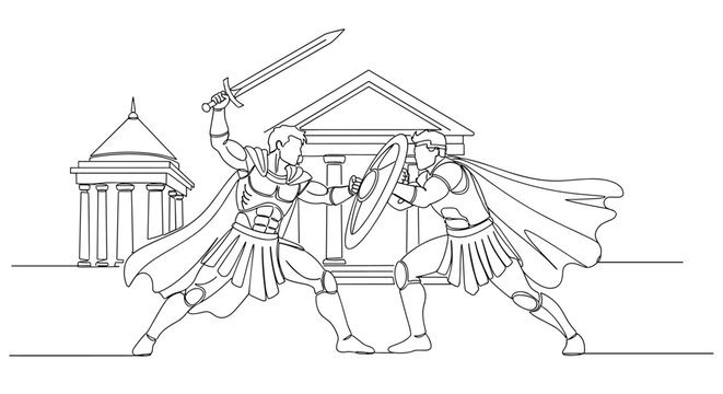 "Good vs Evil". Minimalistic one-line drawing hero and villain in dynamic combat pose with temple architecture in background, continuous single black line on