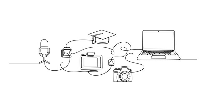 "Creative Teaching Tech". Minimalistic one-line drawing interconnected tools like laptop, camera, and microphone in content creation setup, continuous single