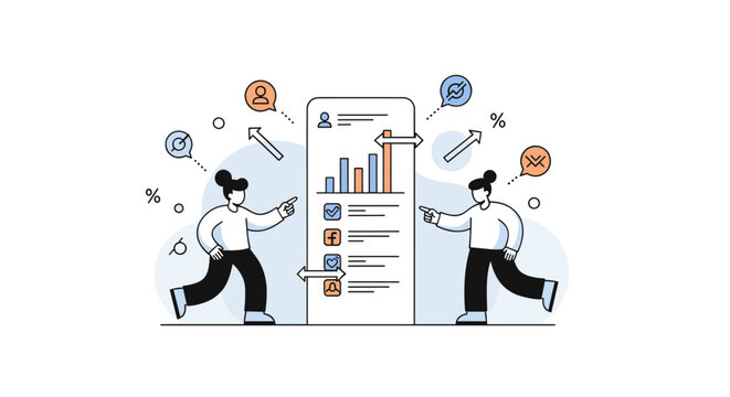 Social media platform comparison chart. A central vertical chart panel displays simple bars and icons for different platforms, with a character pointing at the