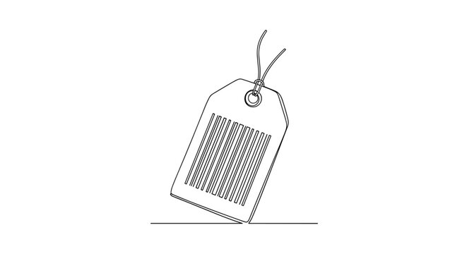 "Material Labeling". Minimalistic one-line drawing tag attached to construction material with barcode-like lines and string, continuous single black line on