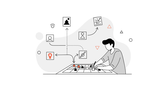 Tactical planning. A single player studies a board with multiple possible paths branching out, one highlighted clearly. Subtle arrows and dots emphasize