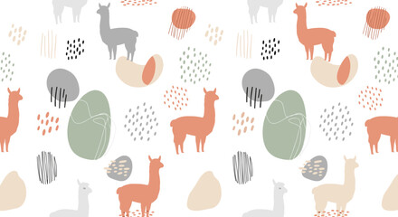 Obraz premium Minimal alpaca silhouettes with abstract shapes, seamless pattern, repeating pattern, surface design, textile print, soft color palette, modern illustration,