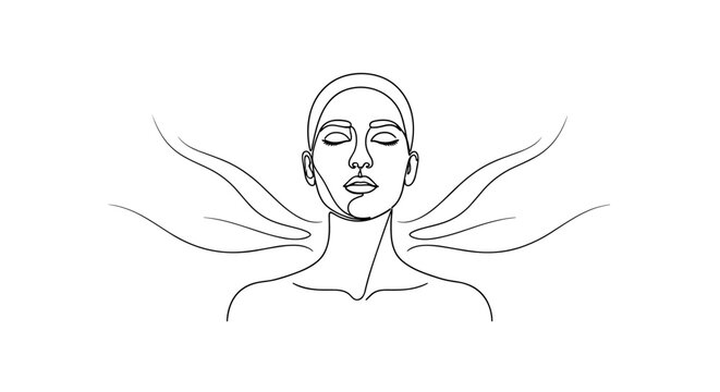 "Peaceful Mind". Minimalistic one-line drawing person with closed eyes and soft flow lines representing breath or energy, continuous single black line on white