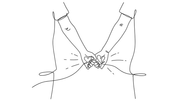 "Expressions of Love". Minimalistic one-line drawing couple holding hands with subtle heart and motion lines suggesting fleeting moment, continuous single