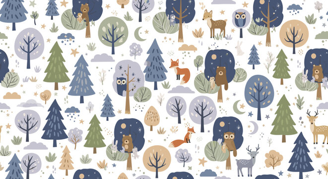 Forest elements with animals and night sky, seamless pattern, repeating pattern, surface design, textile print, soft color palette, modern illustration, no