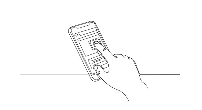 "E-Commerce Interaction". Minimalistic one-line drawing hand tapping checkout or product details on mobile device, continuous single black line on white