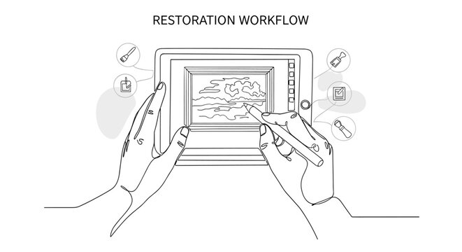 "Restoration Workflow". Minimalistic one-line drawing hands using stylus on screen with painting preview and subtle tool icons, continuous single black line on