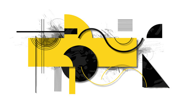 collection of organic ink splashes and pencil marks arranged in composition, black and white high contrast textures, bold yellow and black geometric shapes