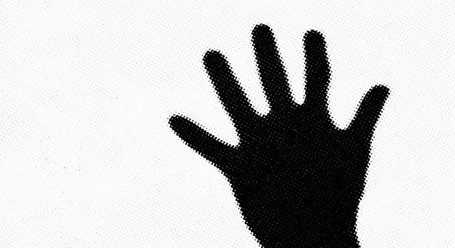A shadow of a human hand cast sharply onto a rough stone surface, centered and slightly angled, minimal composition, black and white halftone illustration,