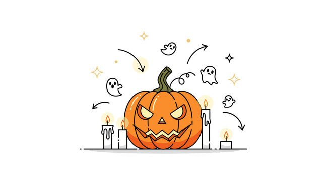 Halloween decoration. A decorated pumpkin sits with minimal candles and tiny ghost icons floating around it, creating a playful spooky vibe. Soft glow lines