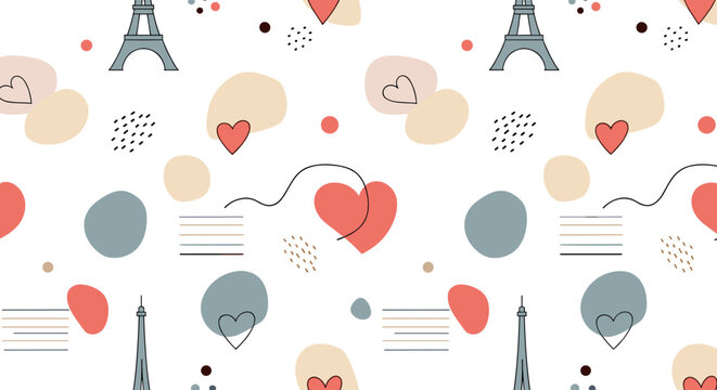 Minimal Paris icons with abstract shapes, seamless pattern, repeating pattern, surface design, textile print, soft color palette, modern illustration, no
