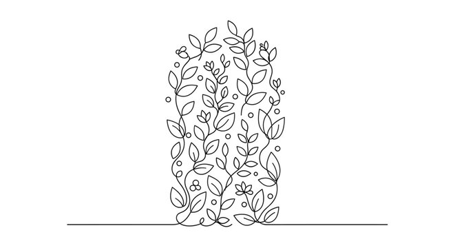 "Green Packaging Trend". Minimalistic one-line drawing label on bottle or box with plant motifs and clean lines, continuous single black line on
