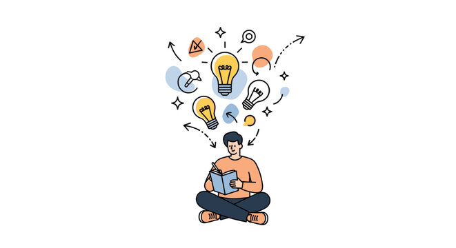 A person brainstorming ideas for personal goals and aspirations. A person sits with a notebook while lightbulb icons and abstract shapes float above their
