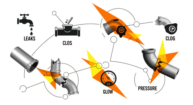 close-up of diagnostic chart with symbols for leaks, clogs, and pressure issues, monochrome icons and pipe fragments, abstract orange and yellow geometric