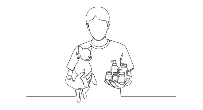 "Pet Wellness". Minimalistic one-line drawing person holding pet while arranging supplements or grooming products, continuous single black line on white