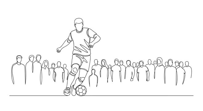 "Game Day Moment". Minimalistic one-line drawing player kicking or throwing ball with simple spectators in background, continuous single black line on white