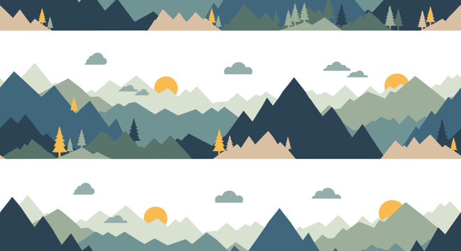 Mountain landscape silhouette, seamless pattern, repeating pattern, surface design, textile print, soft color palette, modern illustration, no shadows, flat