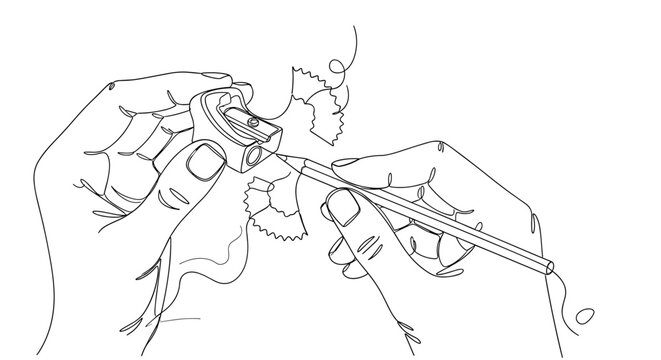 "Cosmetic Essentials". Minimalistic one-line drawing close-up of eyeliner pencil being sharpened with hand posture and pencil shavings, continuous single black
