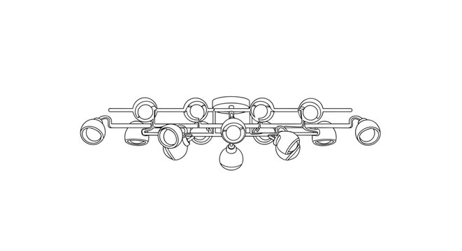 "Interior Light Design". Minimalistic one-line drawing ceiling fixture with multiple bulbs arranged symmetrically, continuous single black line on white