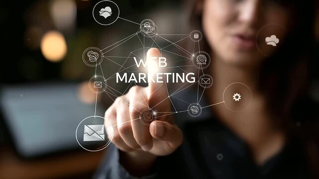 Web marketing strategies conceptual diagram, defocused showing social networks email marketing, mobile advertising and affiliate marketing, digital strategy visualization, with