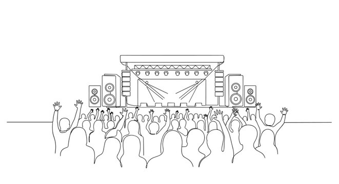 "Music Festival". Minimalistic one-line drawing crowd with raised hands facing a stage with simple speakers and lights, continuous single black line on white