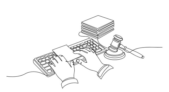 "Legal Documentation". Minimalistic one-line drawing hands typing notes with document stack and gavel symbol nearby, continuous single black line on white