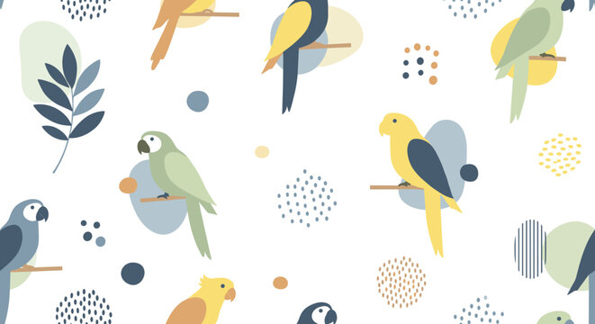 Minimal parrot silhouettes with abstract shapes, seamless pattern, repeating pattern, surface design, textile print, soft color palette, modern illustration,