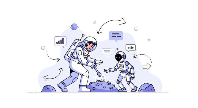 Robots and AI assisting humans in space exploration. A human astronaut works alongside a small robotic assistant on an alien surface, both focused on a glowing