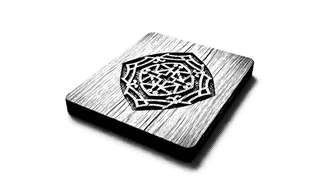 A wooden board with a geometric sigil carved deeply and casting subtle shadow, off-center composition with negative space, black and white halftone