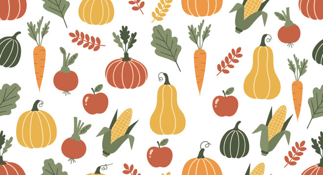 Harvest vegetables and fall produce, seamless pattern, repeating pattern, surface design, textile print, soft color palette, modern illustration, no shadows,