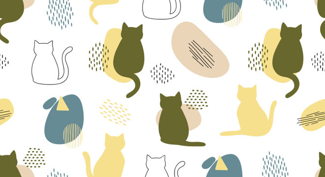 Minimal cat silhouettes with abstract elements, seamless pattern, repeating pattern, surface design, textile print, soft color palette, modern illustration, no