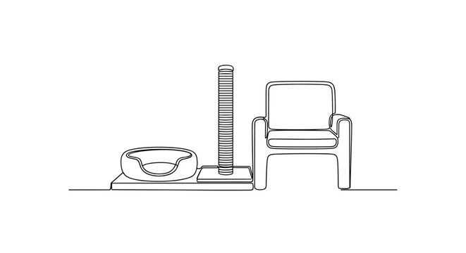 "Small Home Design". Minimalistic one-line drawing integrated pet bed, scratching post, and human seating in tidy layout, continuous single black line on white