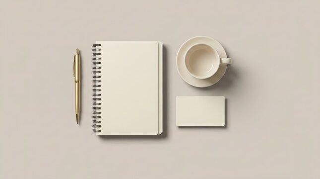 Simple Workspace Setup with Notebook, Pen, Blank Business Card, and Coffee Cup on Light Background