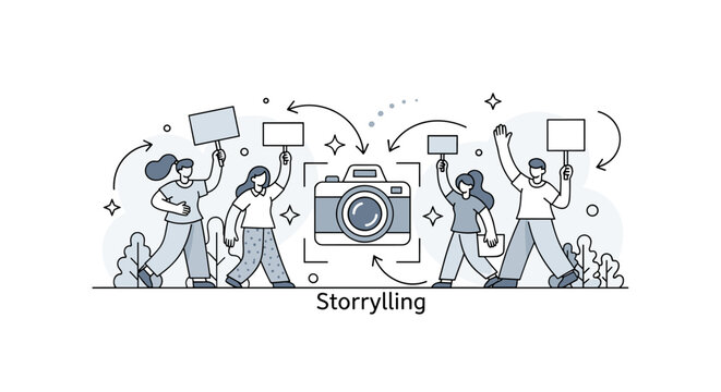 Activism storytelling. A central camera frames a scene of people holding signs and raising hands, with arrows indicating captured perspectives. Small stars and