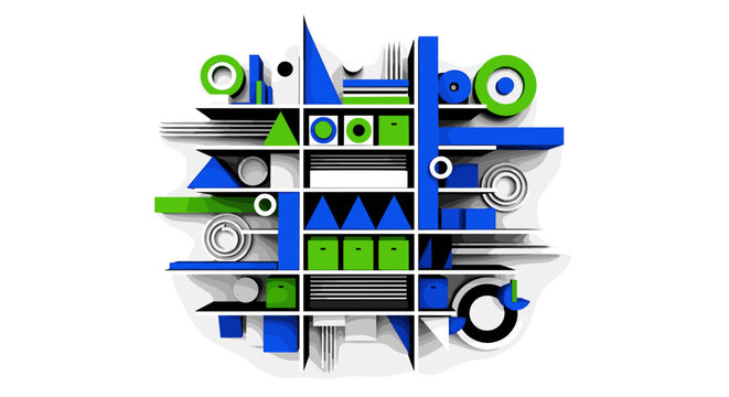 seed storage room with shelves and temperature-controlled boxes arranged, black and white objects with layered depth, bold blue and green geometric blocks