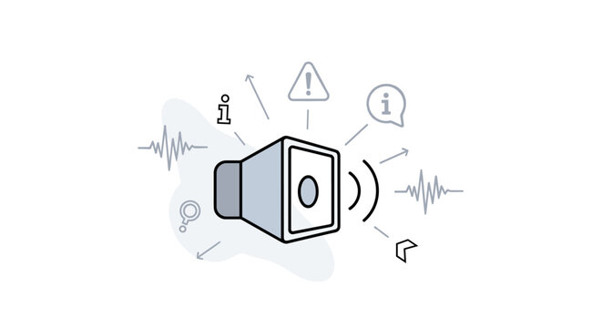 Public service announcements. A central speaker or screen broadcasts a clear message while simple icons like alerts and information symbols radiate outward.