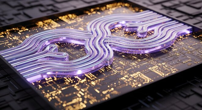 Purple circuit board with glowing purple lines on a dark background