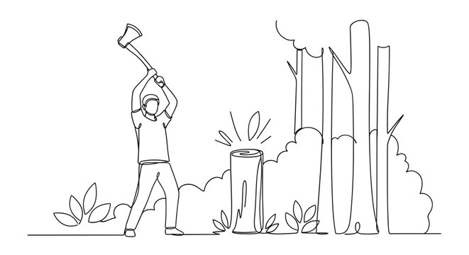 "Outdoor Chopping Scene". Minimalistic one-line drawing figure holding axe ready to strike log with forest background hints, continuous single black line on