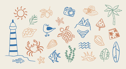 Obraz premium Hand drawn summer beach doodle set with linear colorful icons. Collection features lighthouse, sea animals, tropical leaves, shells, waves, camera, hat, swimwear. Cute coastal sketches for seasonal 
