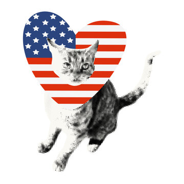 Cat wearing heart shaped collar with America national flag print. Happy Independence Day USA, funny halftone patriotic pet sticker for celebrating 4th of July Modern retro vector illustration isolated