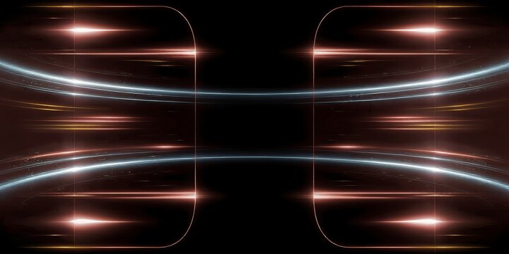 A futuristic abstract image with glowing blue and pink neon lights on a dark background with streaks of light moving rapidly