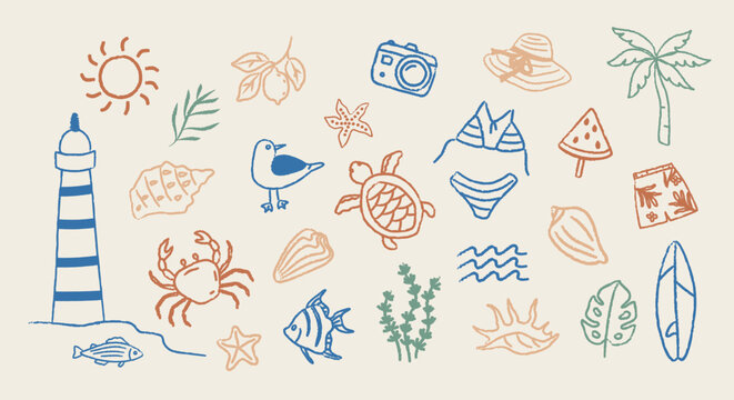 Hand drawn summer beach doodle set with linear colorful icons. Collection features lighthouse, sea animals, tropical leaves, shells, waves, camera, hat, swimwear. Cute coastal sketches for seasonal 