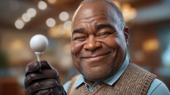 Golfer with confident smile presenting golf ball on tee
