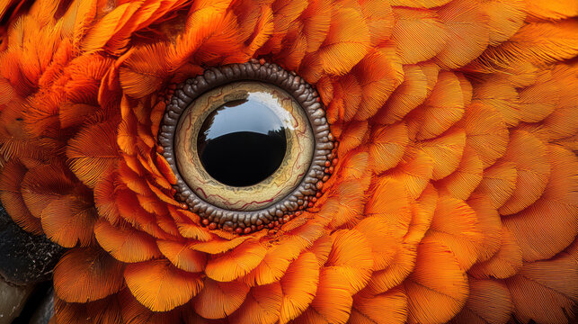 An intricate close-up reveals the captivating eye and vibrant orange plumage of a sun conure, showcasing the exquisite details of its colorful feathers and unique look.