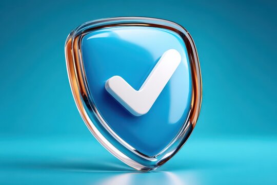 Blue glass shield with white checkmark symbol representing verification, security and protection for brands