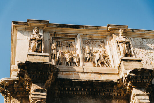 Arch of Constantine Attic Level with Dacian Prisoner Statues and Military Relief Panels, Rome Italy
