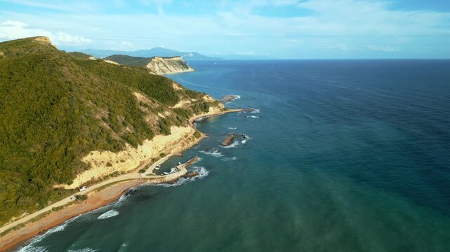 Flight over the coastline at the Corfu island in Greece