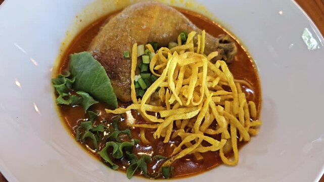Khao Soi northern Thai curry noodle soup with chicken in bowl close up, coconut curry broth with crispy noodles and herbs, traditional Thai cuisine dish served hot on table