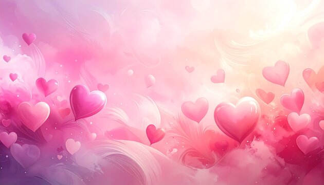 Whimsical backdrop of pink hearts floating amidst swirls of soft light, creating a dreamy, romantic ambiance