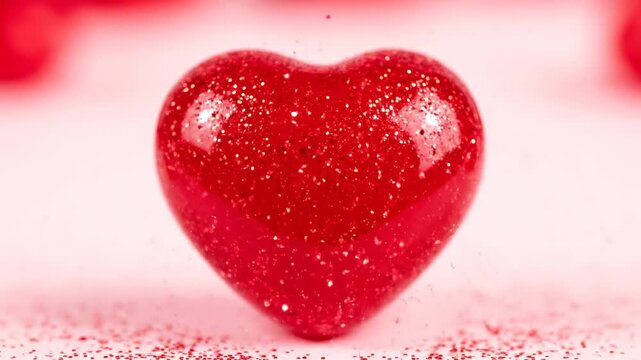 A vibrant, glossy red heart is at the center, surrounded by tiny sparkling particles. Soft pink hues fill the background. Two other objects are partially visible